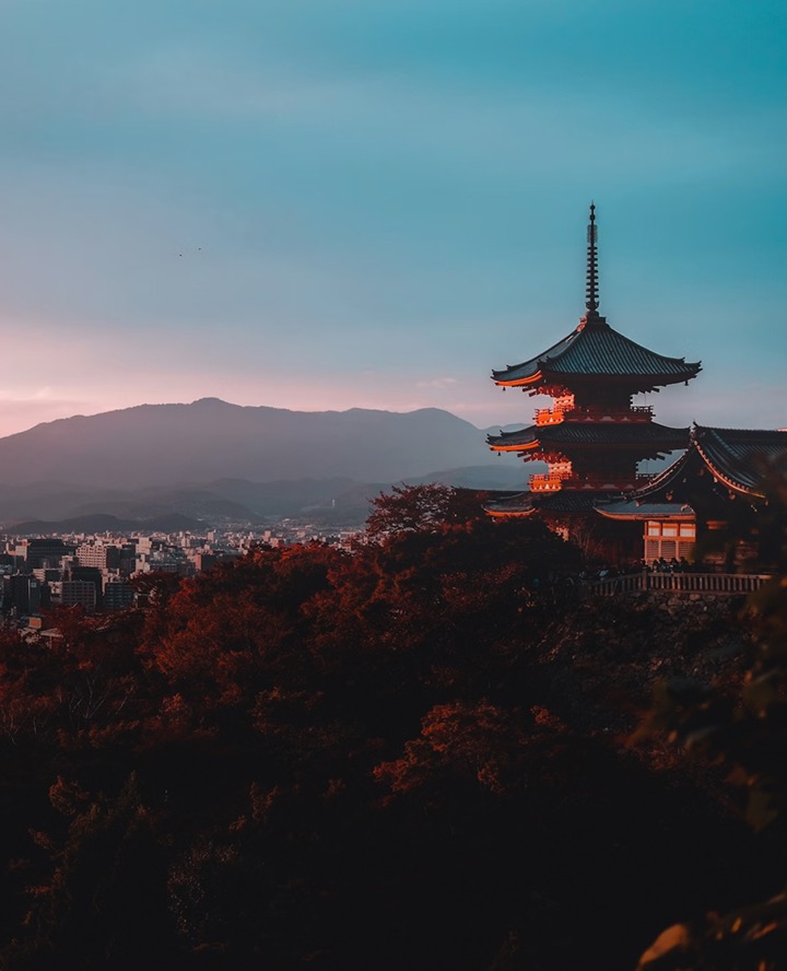 Japanese pagoda at sunset