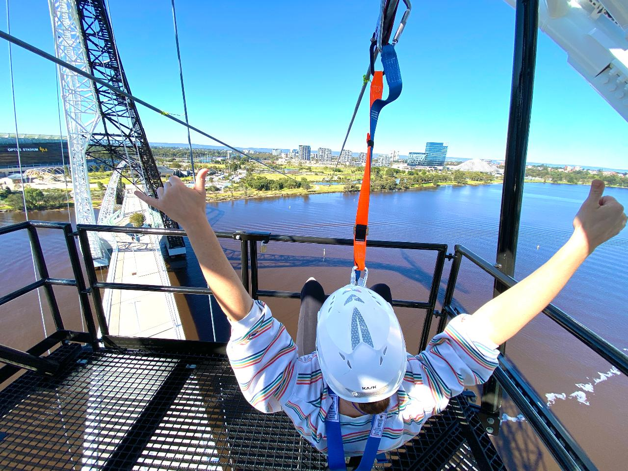 Soar across the Swan River on the Matagarup Daytime Express Zip Line enjoying stunning views of Perth's skyline and the surrounding landscapes at incredible speeds. Adventure awaits!