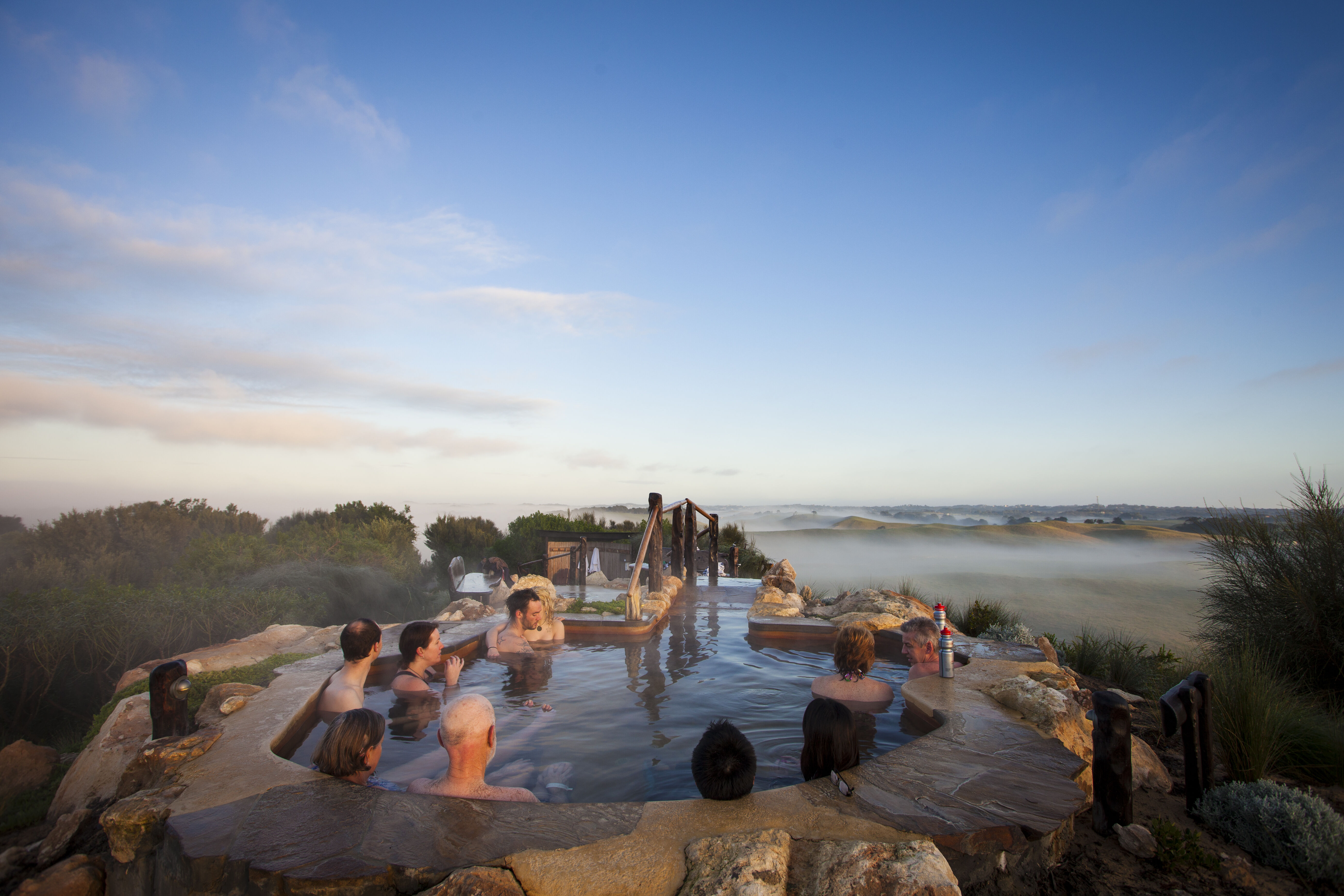 Relax in natural thermal pools while soaking in stunning views at the iconic Hilltop Pool the perfect way to start your day on the Mornington Peninsula.