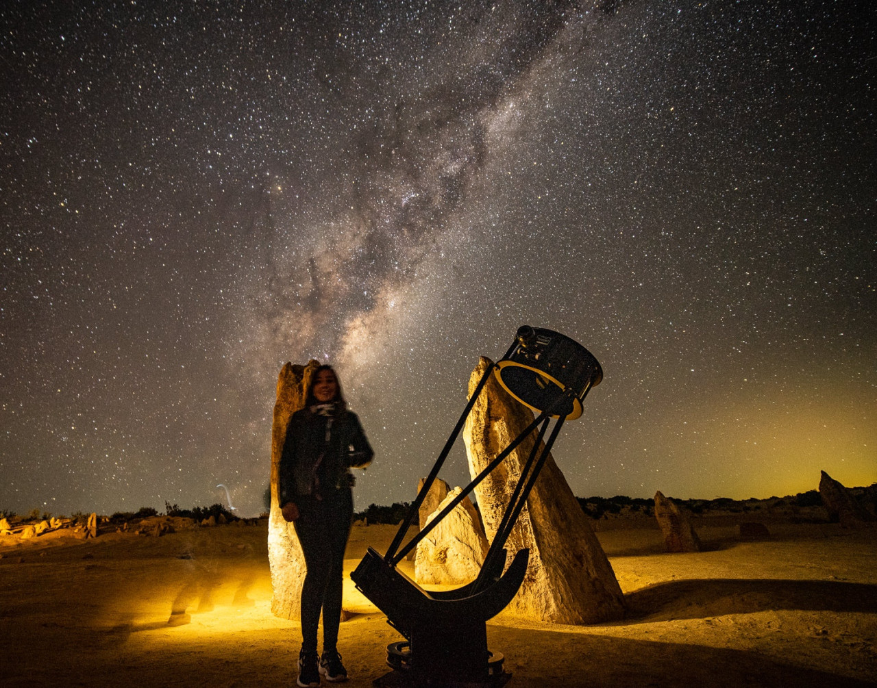 Experience the stunning Milky Way above the Pinnacles Desert as you enjoy stargazing with professional equipment surrounded by ancient landscapes and tales from the night sky.
