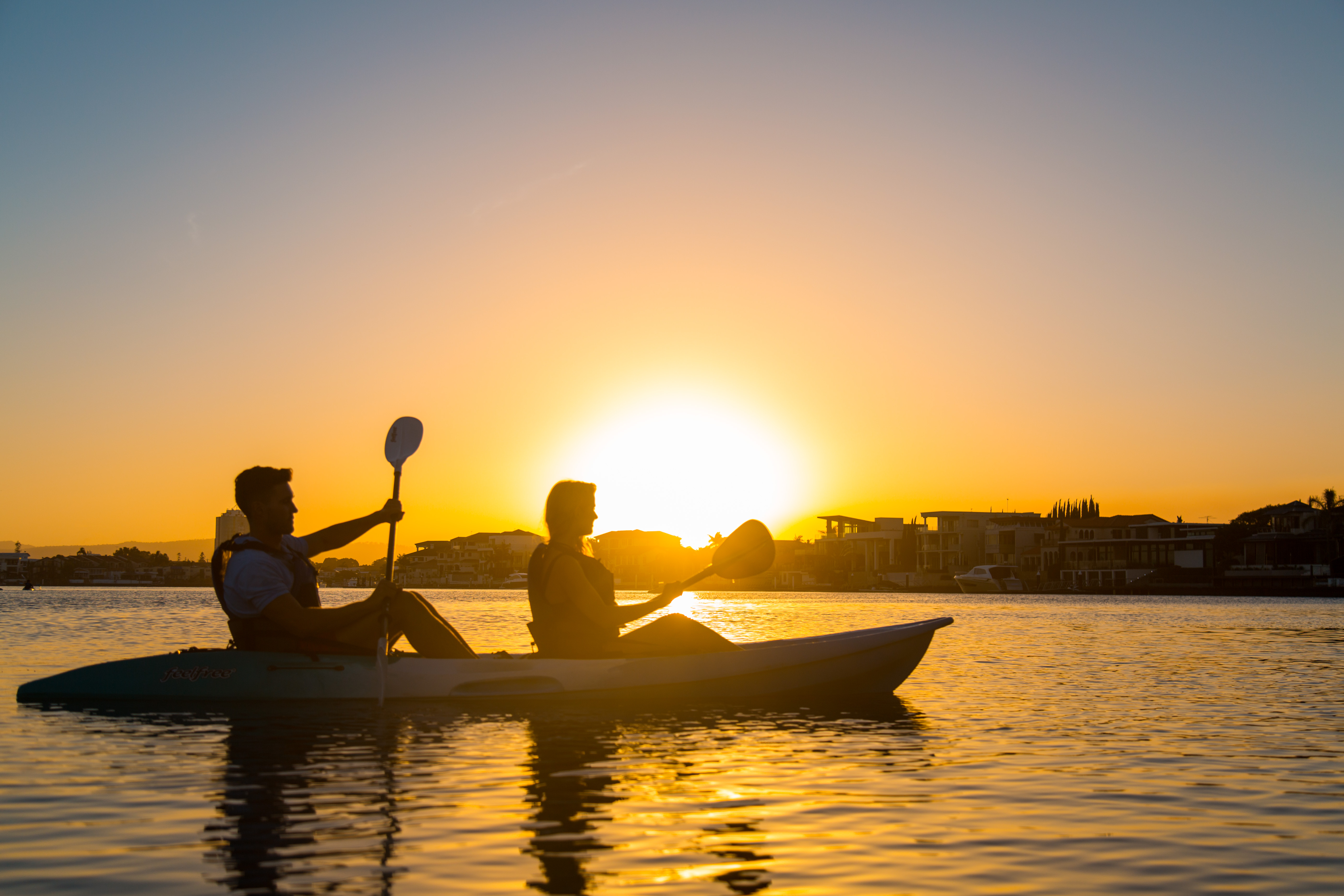 Paddle through the serene waters of Nerang River as the sun sets behind the Gold Coast skyline creating a memorable backdrop for your adventure. Wildlife encounters await!