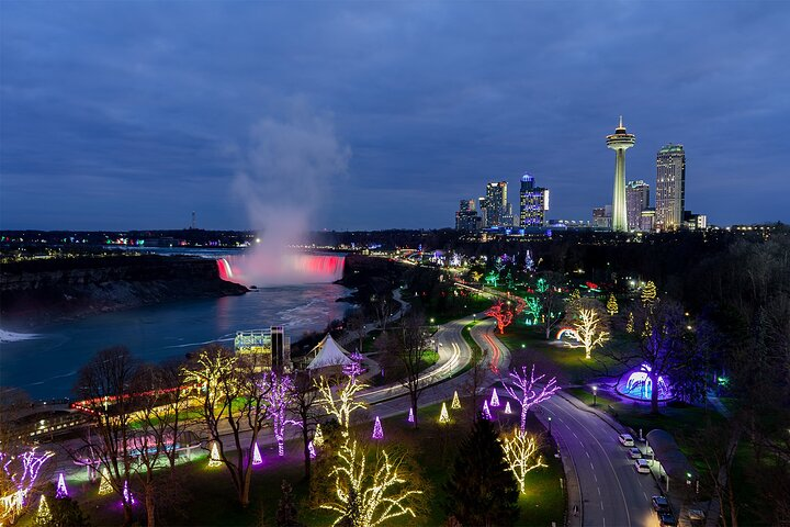 Niagara Falls Winter Festival of Lights display glowing along the Niagara Parkway in Niagara Falls, Canada