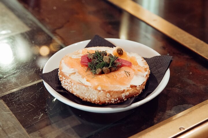 Smoked salmon, cream cheese and Montreal style Bagel