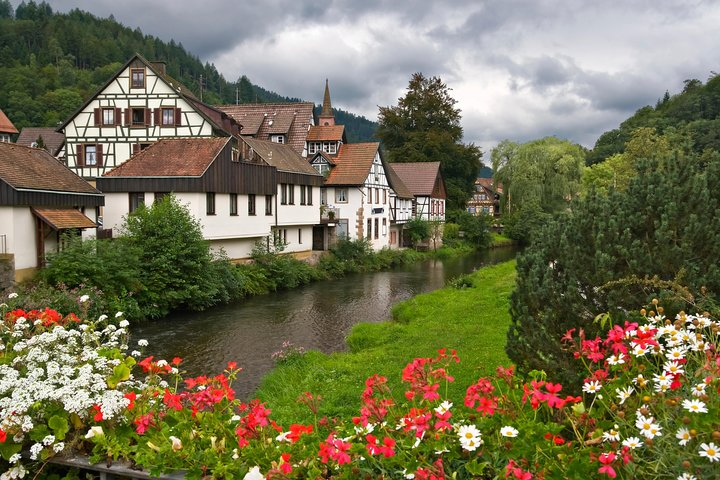 Explore charming wooden houses alongside a serene riverbank framed by lush greenery and blooming flowers creating the perfect backdrop for a day of adventure in the Black Forest.