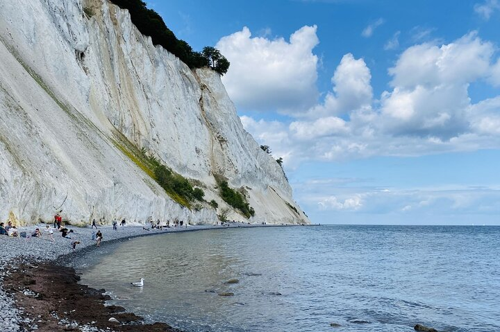 Experience the stunning cliffs of Møns Klint where visitors stroll along the shore collecting unique stones against a backdrop of striking white chalk formations and serene waters.
