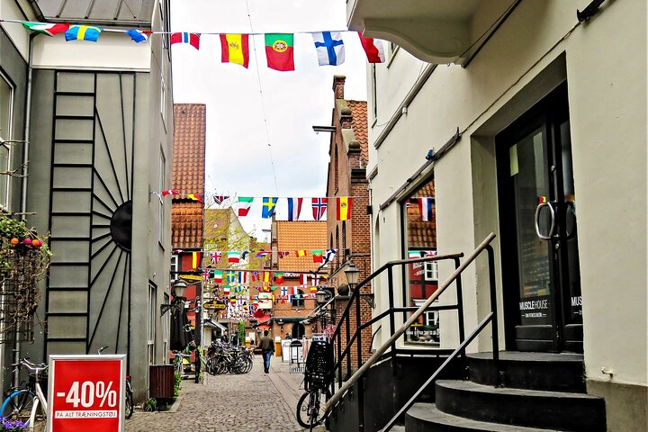 Explore charming streets adorned with colorful flags where local life unfolds seamlessly. Discover the essence of culture and history during your journey from Ribe to Copenhagen.