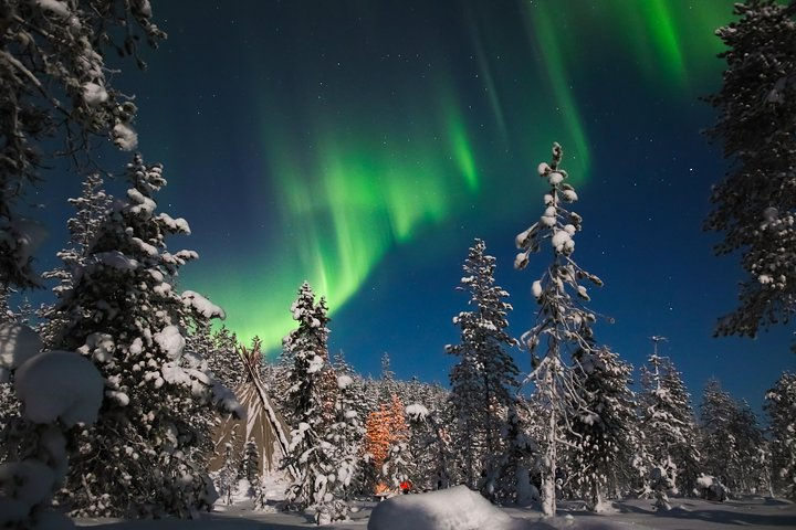 Witness the mesmerizing dance of the Northern Lights over a snow-covered landscape while savoring a traditional picnic in the heart of Lapland's wilderness.