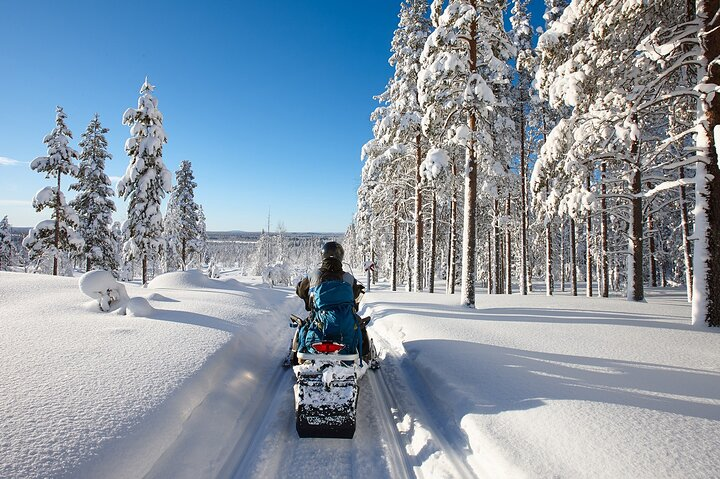 Embrace the beauty of Lapland with a snowmobile safari gliding through snow-laden forests and open landscapes discovering the serene charm of nature's winter wonderland.