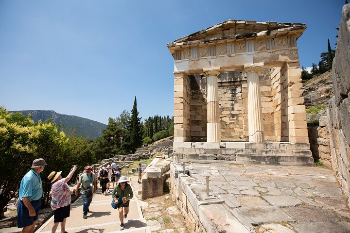 Explore the ancient ruins of Delphi where stories of the Greeks come alive. Experience breathtaking views and iconic landmarks including the Temple of Apollo and the Sanctuary of Athena Pronaia.