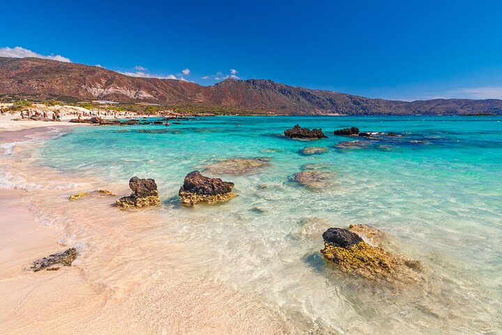 Elafonissi Lagoon with white and pink sand and turquoise water, Crete