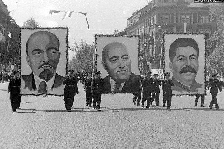 Lenin, Rákosi and Stalin, the since fallen idols of the communist Hungary