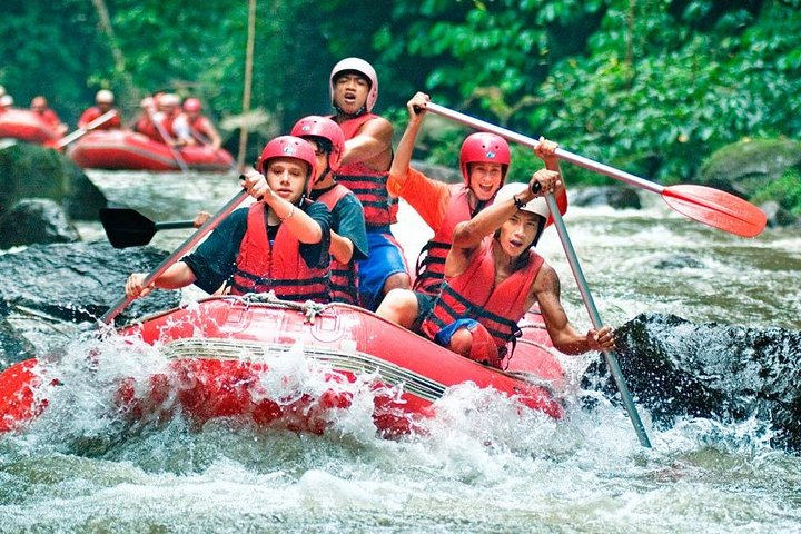 Experience the excitement of navigating the Ayung River while surrounded by lush greenery combining adventure with the stunning beauty of Bali's landscapes for an unforgettable day.