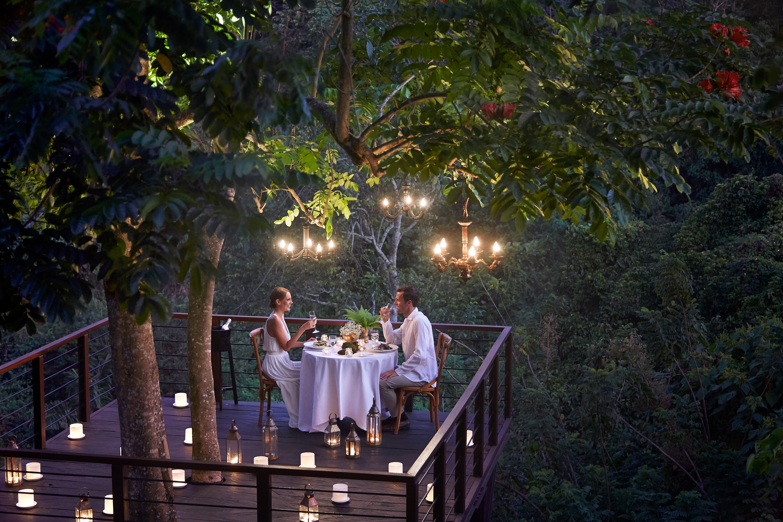 Dine under a starlit sky surrounded by lush nature enjoying a six-course meal while the gentle sounds of the river create a serene backdrop for an unforgettable evening.