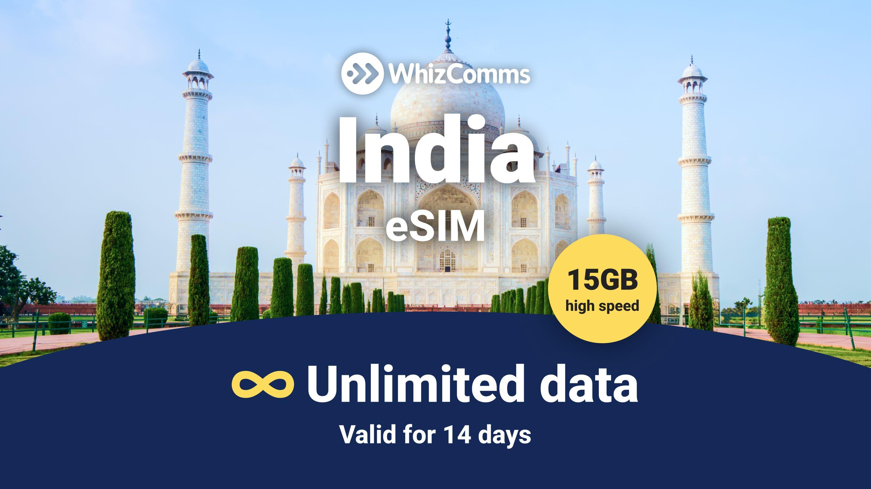 WhizComms 14-Day 15GB Unlimited India eSIM: Instant Activation & Nationwide Coverage - Photo 1 of 1