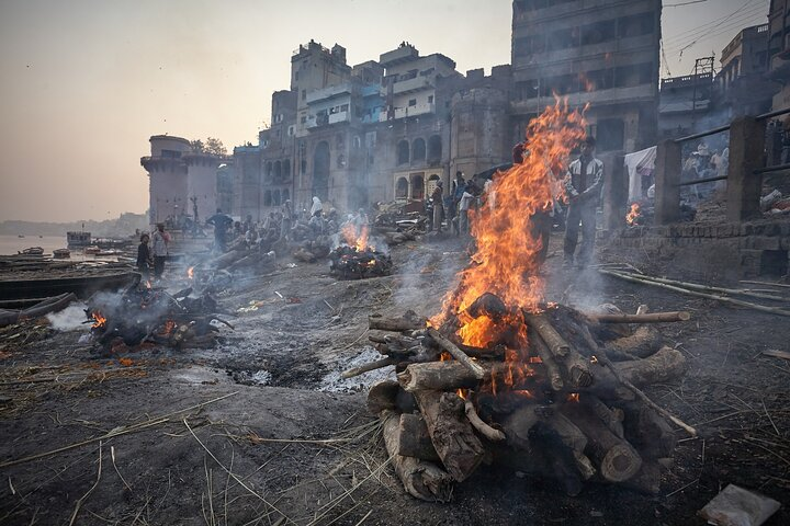 Cremation ceremony in Manikarnika, The main burning ghat in the Varanasi city.