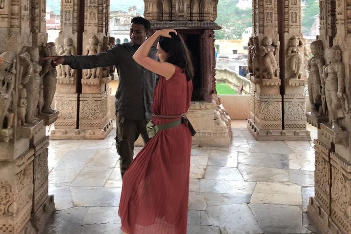 Lovely guest from France with Tour Guide Raju in an ancient Hindu Temple from 16th century 