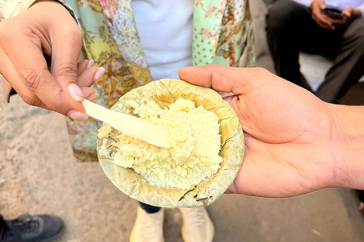 Enjoying Jaipur's famous Kalakand (milk based dessert) 