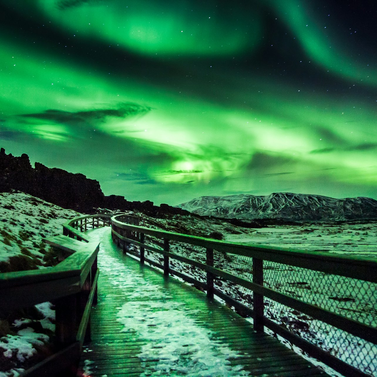Experience the magic of the northern lights shimmering across the Icelandic landscape as you stroll along a snowy path savoring hot chocolate and local stories beneath the starry sky.