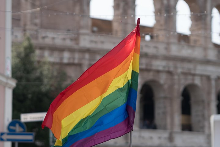 The rainbow flag flying on Gay Street near the Colosseum. 