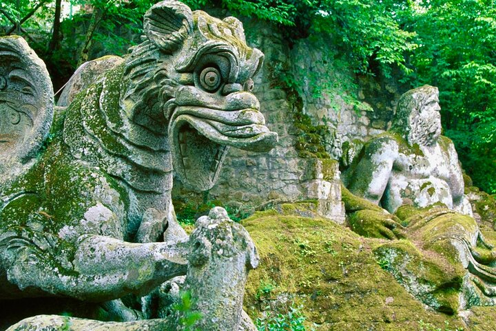 Calcata, Bomarzo Monsters private guided tour Rome one day round trip and Thermal Baths of the Popes Pick up, drop off, and Tickets included.