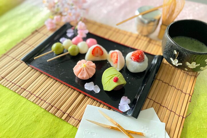 Immerse yourself in the delightful world of Japanese sweets-making as you create beautiful desserts while enjoying a serene view of the Kanda River and nearby park in central Tokyo.