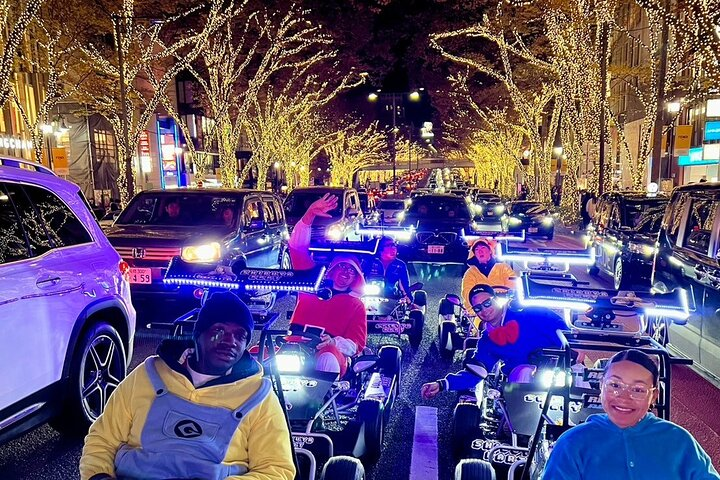 Experience the night in Tokyo like never before navigating illuminated streets while enjoying the joyous company of fellow adventurers. Capture unforgettable moments as you drive through this stunning cityscape.