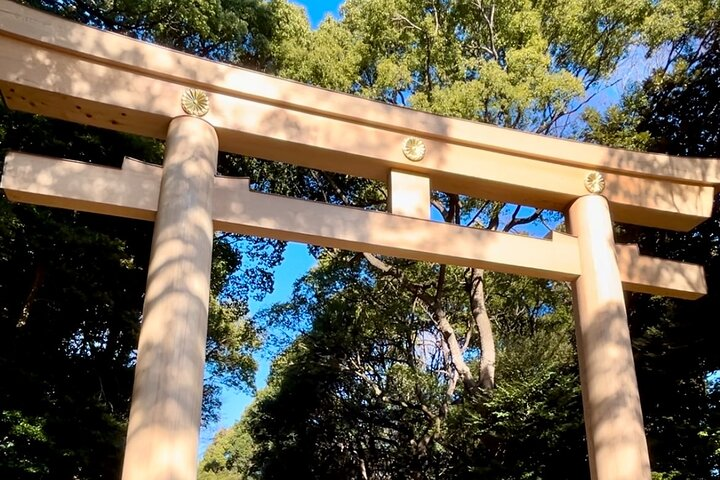 Discover the serene beauty of Meiji Shrine's wooden torii gate surrounded by lush greenery symbolizing Japan's deep connection to nature and tradition on this unforgettable tour.