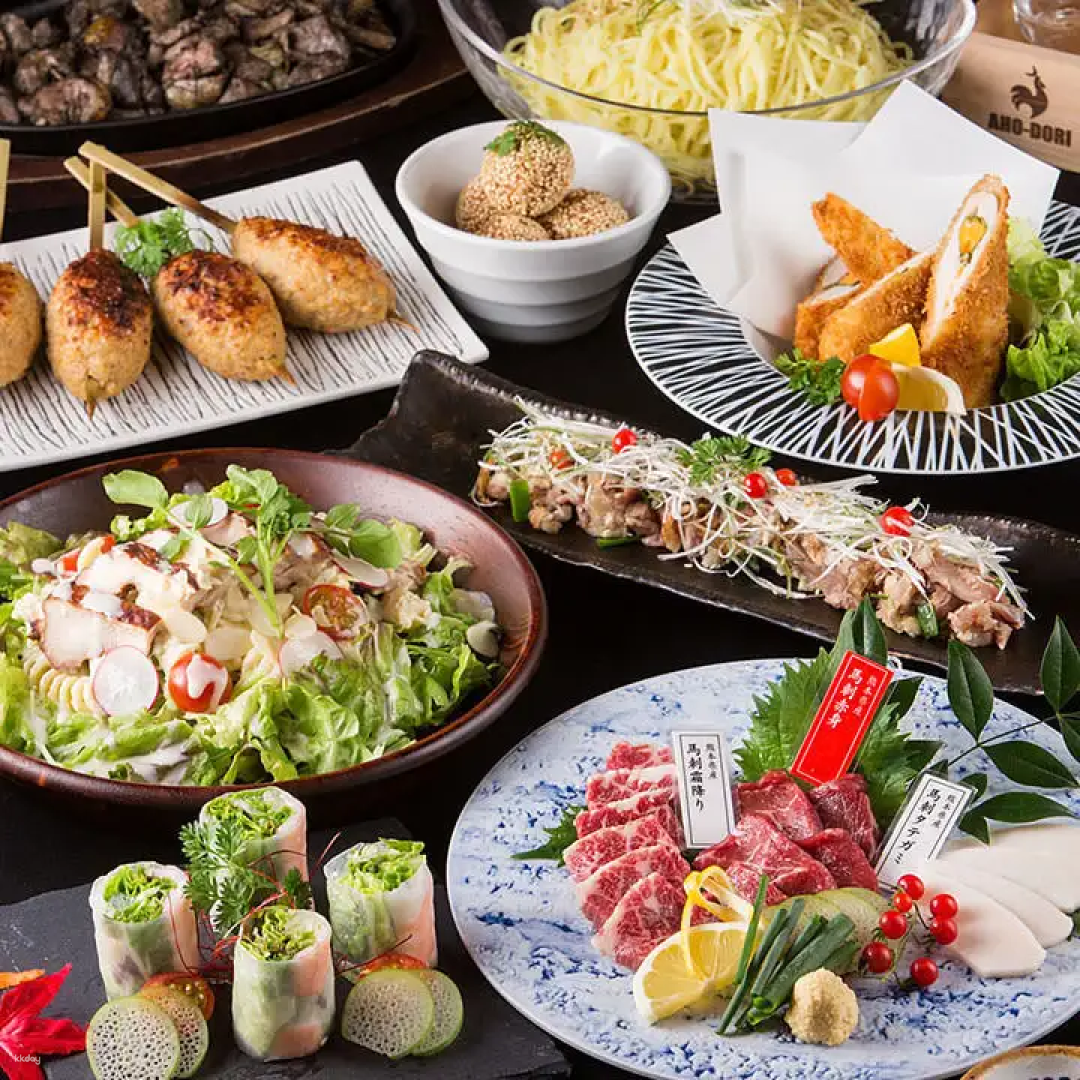 Savor top-notch Miyazaki chicken and fresh Kumamoto delights at Robata AHO-DORI Nakasu Branch where charcoal-grilled favorites bring friends together for memorable dining experiences.