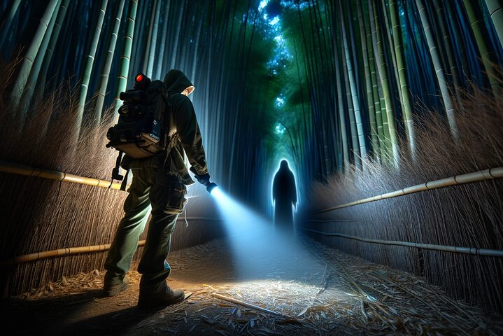 Explore the eerie bamboo pathways of Arashiyama at night where shadowy figures and unsettling tales await around every bend offering a night of unrivaled adventure and storytelling.