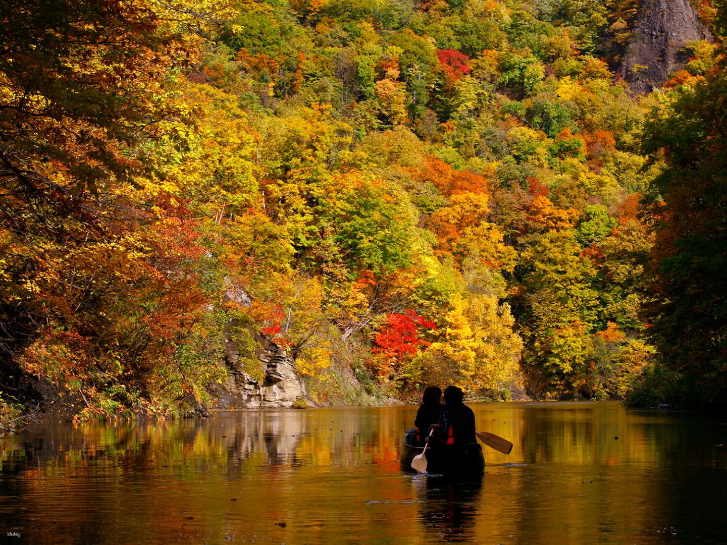 Paddle gently along the serene Toyohira River surrounded by a tapestry of autumn colors as the soothing sounds of nature provide a perfect backdrop for exploration and tranquility.