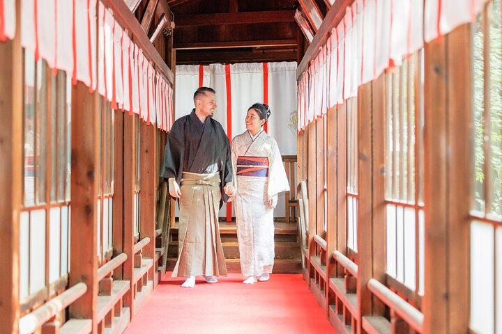 Immerse yourself in tranquility as you stroll through the serene shrine dressed in traditional kimono experiencing the rich culture of Japan just moments away from Shinjuku Station.