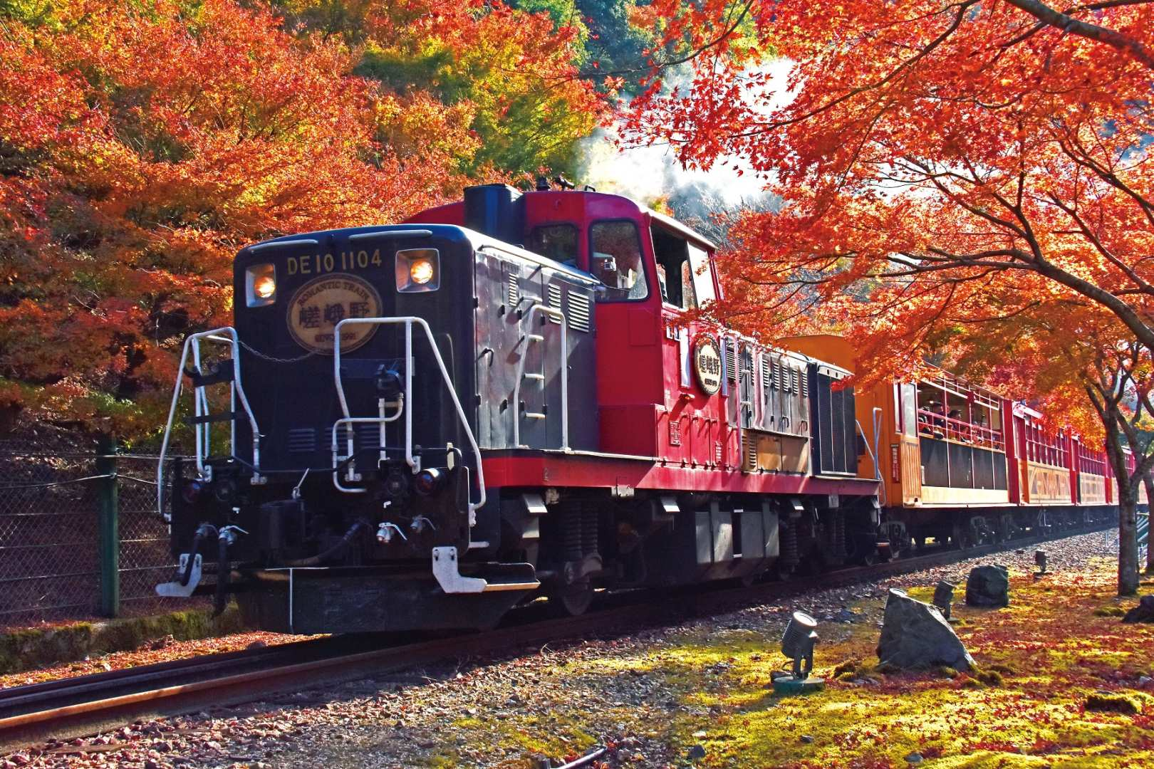 Experience the beauty of autumn foliage as the Sagano Romantic Train winds through colorful landscapes offering stunning views and a unique journey through Kyoto's natural wonders.