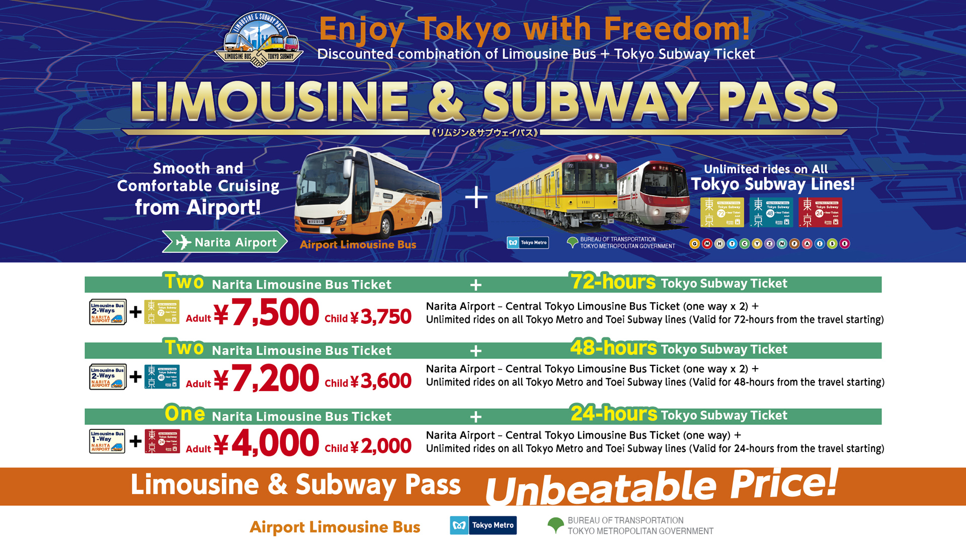 [LIMOUSINE & SUBWAY PASS] Combo Tickets:  [One-Way/Round-Trip] Transfer between Narita Airport and the Tokyo Area & Tokyo Subway Ticket (24/48/72 Hours) - Photo 1 of 9