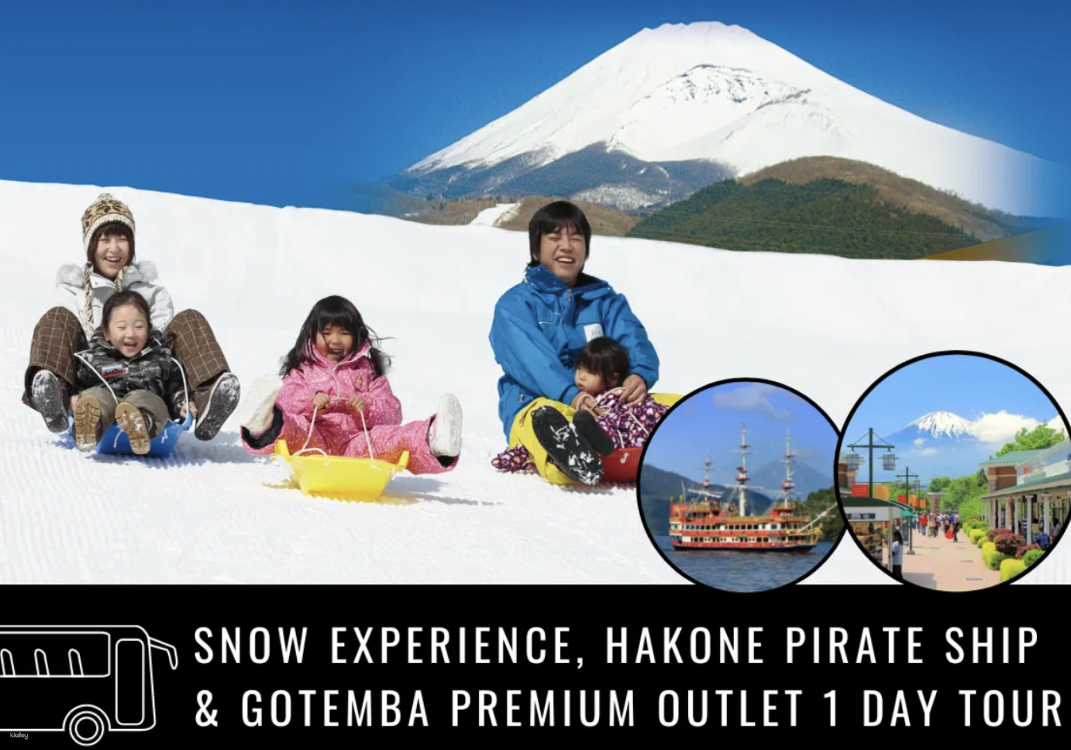 Capture the joy of snow play against the stunning backdrop of Mt. Fuji while enjoying a ride on the Hakone Pirate Ship and shopping at Gotemba Outlet for great deals.