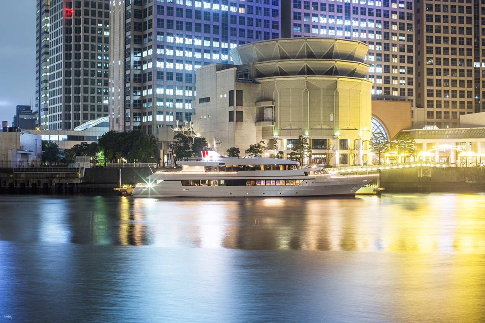 Experience the elegance of Tokyo Bay with a gourmet French dinner aboard the luxury cruise ship Lady Crystal paired with exquisite wines in a stunning nighttime setting.