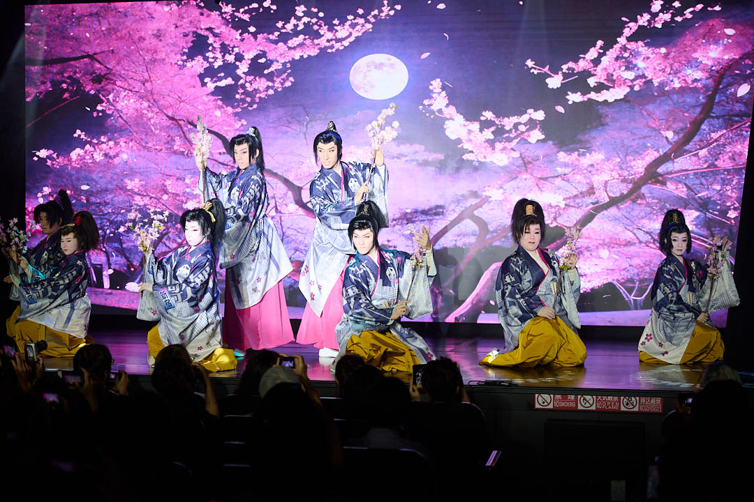 Immerse yourself in a stunning performance of traditional Japanese culture surrounded by cherry blossoms as talented performers grace the stage with elegance and artistry at a renowned Tokyo venue.