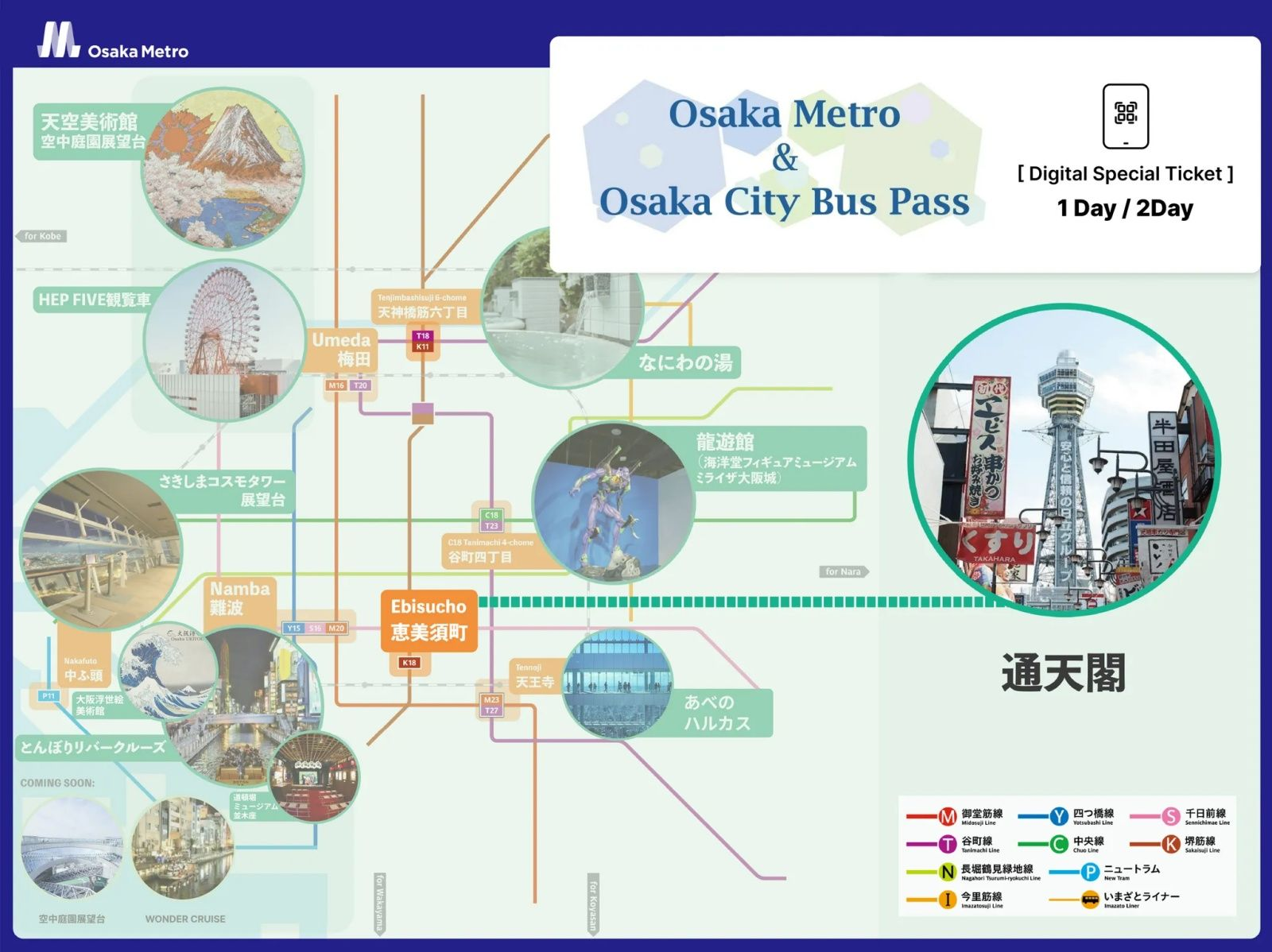 (Valid from 2025/11/1) Tsutenkaku General Observatory Admission Ticket and [Digital Planned Ticket] Osaka Metro & Osaka City Bus Pass Set Ticket - Photo 1 of 11