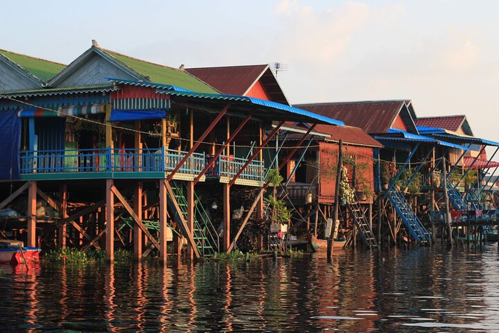 Flooded stilted houses during raining season