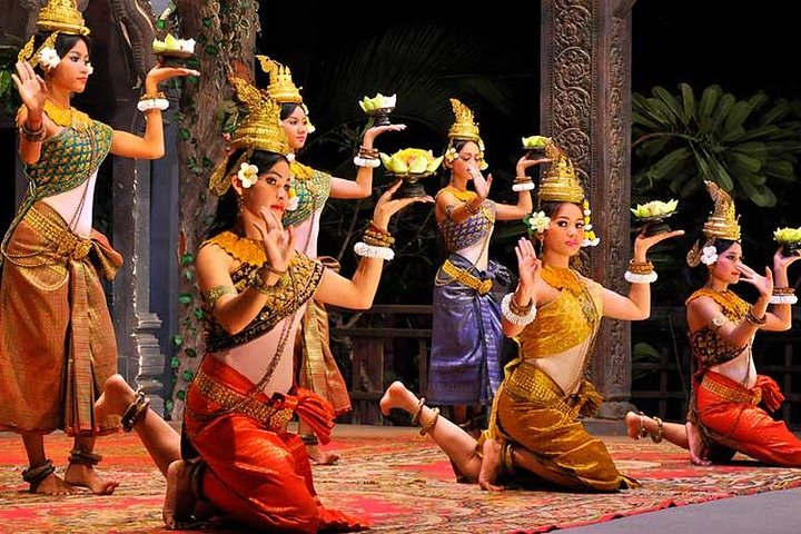 Experience the elegance of Khmer culture as talented dancers perform the Apsara dance showcasing traditional costumes and graceful movements all while you enjoy authentic Cambodian cuisine.