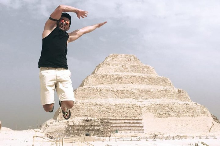 Experience the wonder of ancient Egypt with a breathtaking view of the Saqqara Pyramids where every leap captures the spirit of adventure amidst timeless history and striking landscapes.