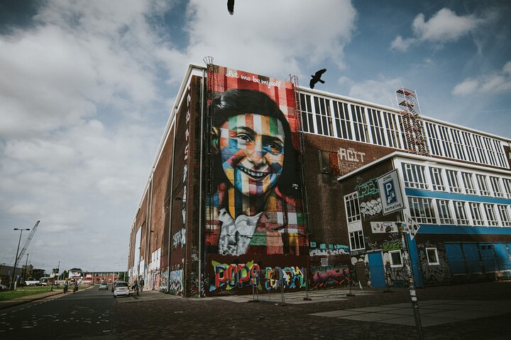 Anne Frank graffiti by Eduardo Kobra at the former NDSM shipyard on the northern bank of the IJ-river in Amsterdam.