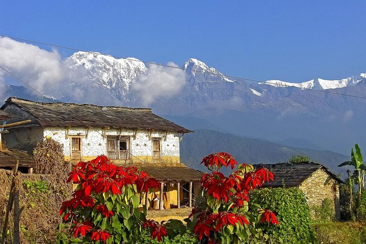 Traditional house and mountains at background.