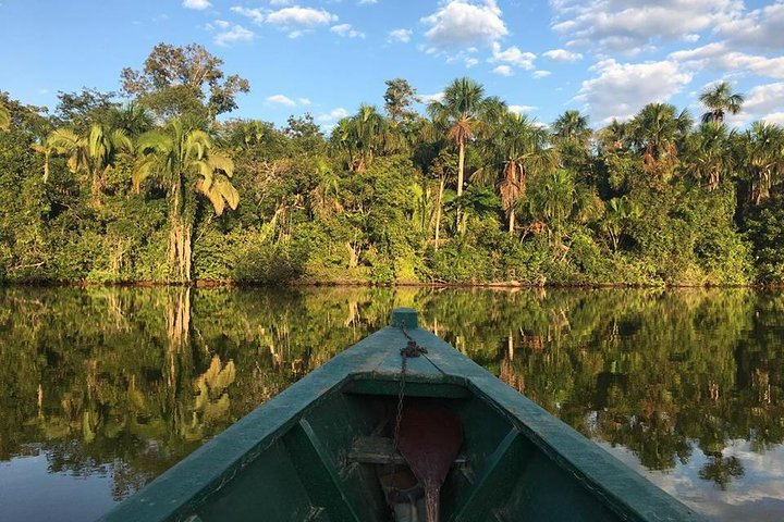 Usamos una canoa a remo, en donde junto al guia se navega alrededor buscando anacondas, giant river otters, caimans.