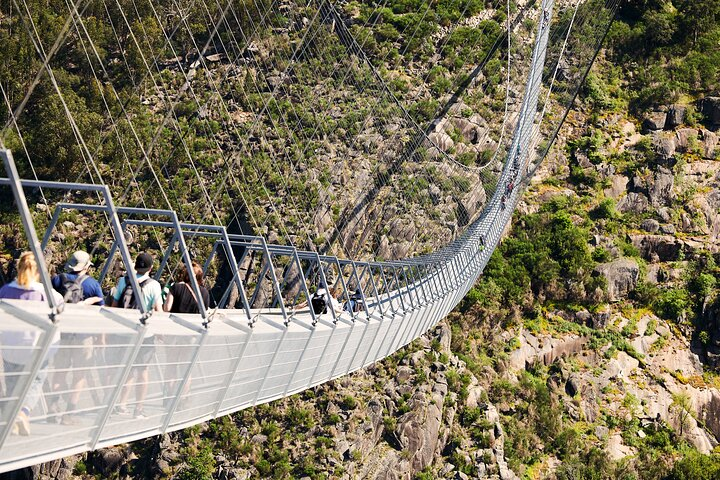 Experience breathtaking views as you traverse the Arouca Suspension Bridge surrounded by lush landscapes and the serene Paiva River creating unforgettable memories on your Porto adventure.