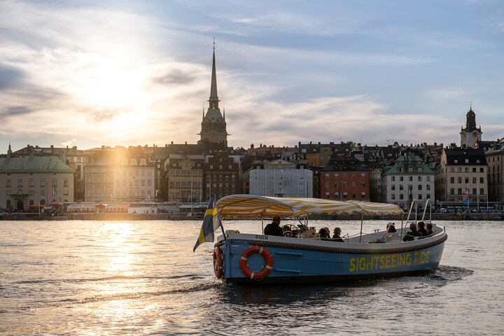 Experience the charm of Stockholm as you glide through its waters on an electric boat soaking in stunning views of landmarks like the Vasa Museum against a picturesque skyline.