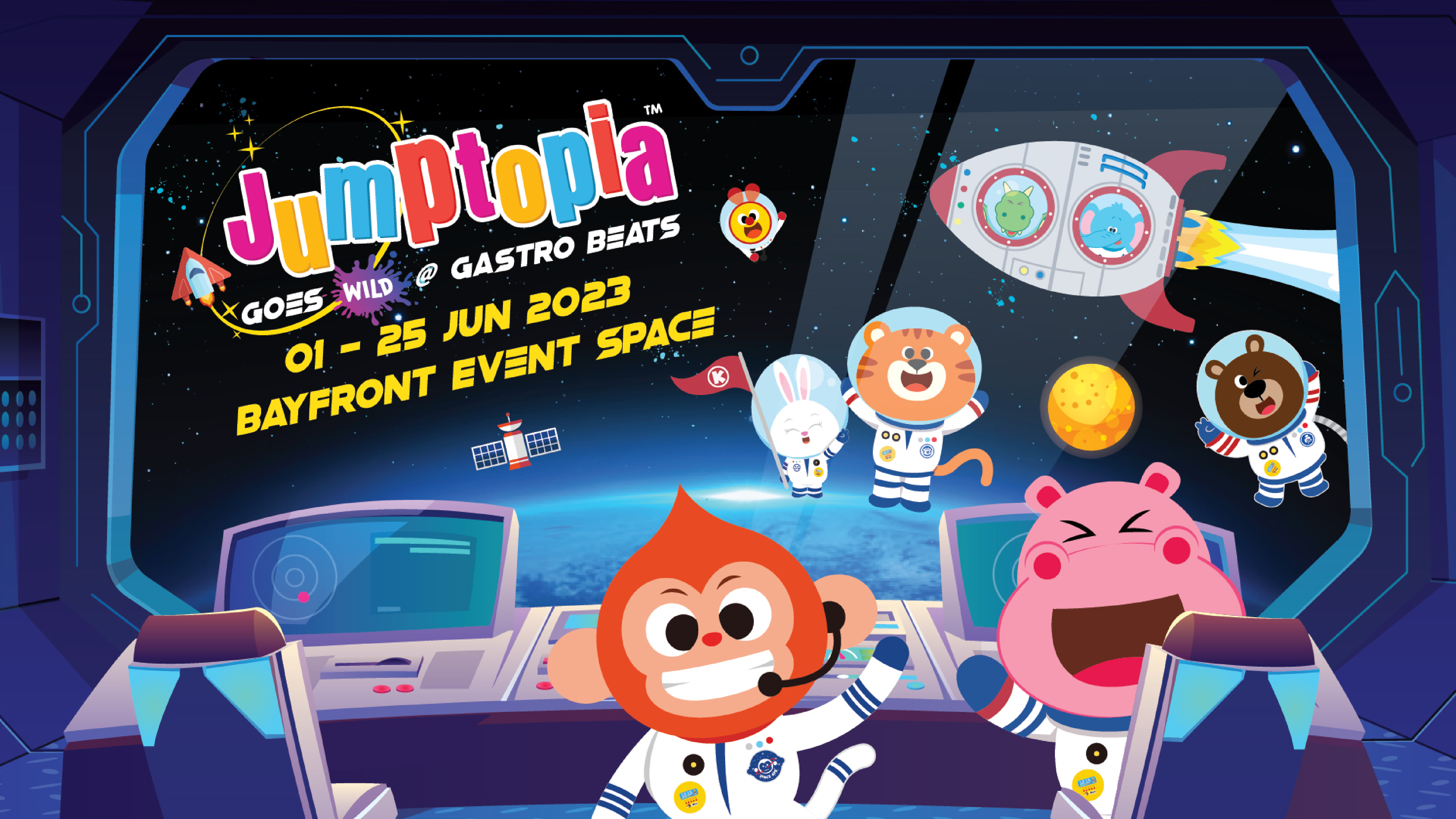 Dive into a cosmic adventure at Jumptopia™ @ GastroBeats! Experience space-themed inflatables playful water zones and exciting challenges for all ages in a celestial wonderland.