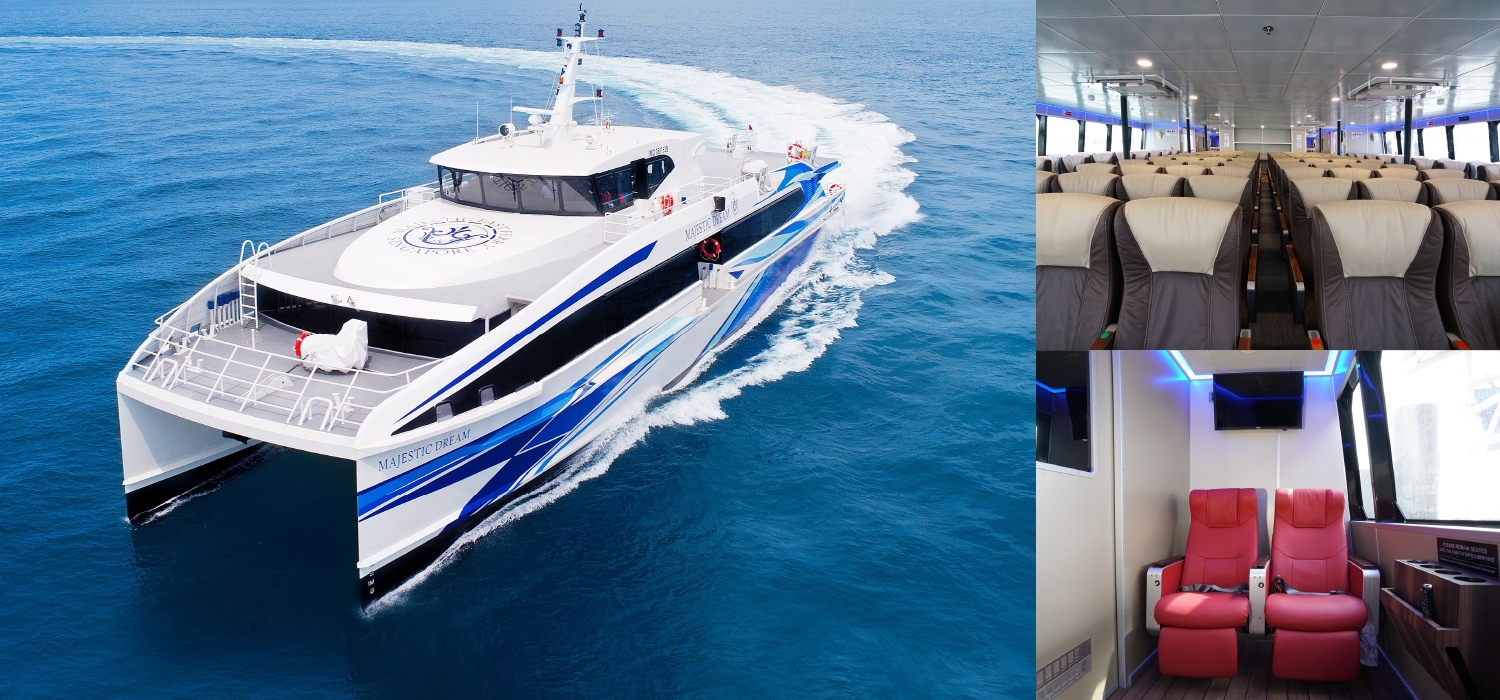 Experience the beauty of Singapore's coast as you cruise aboard the Majestic Fast Ferry enjoying spacious seating and modern comfort on your journey to nearby islands.