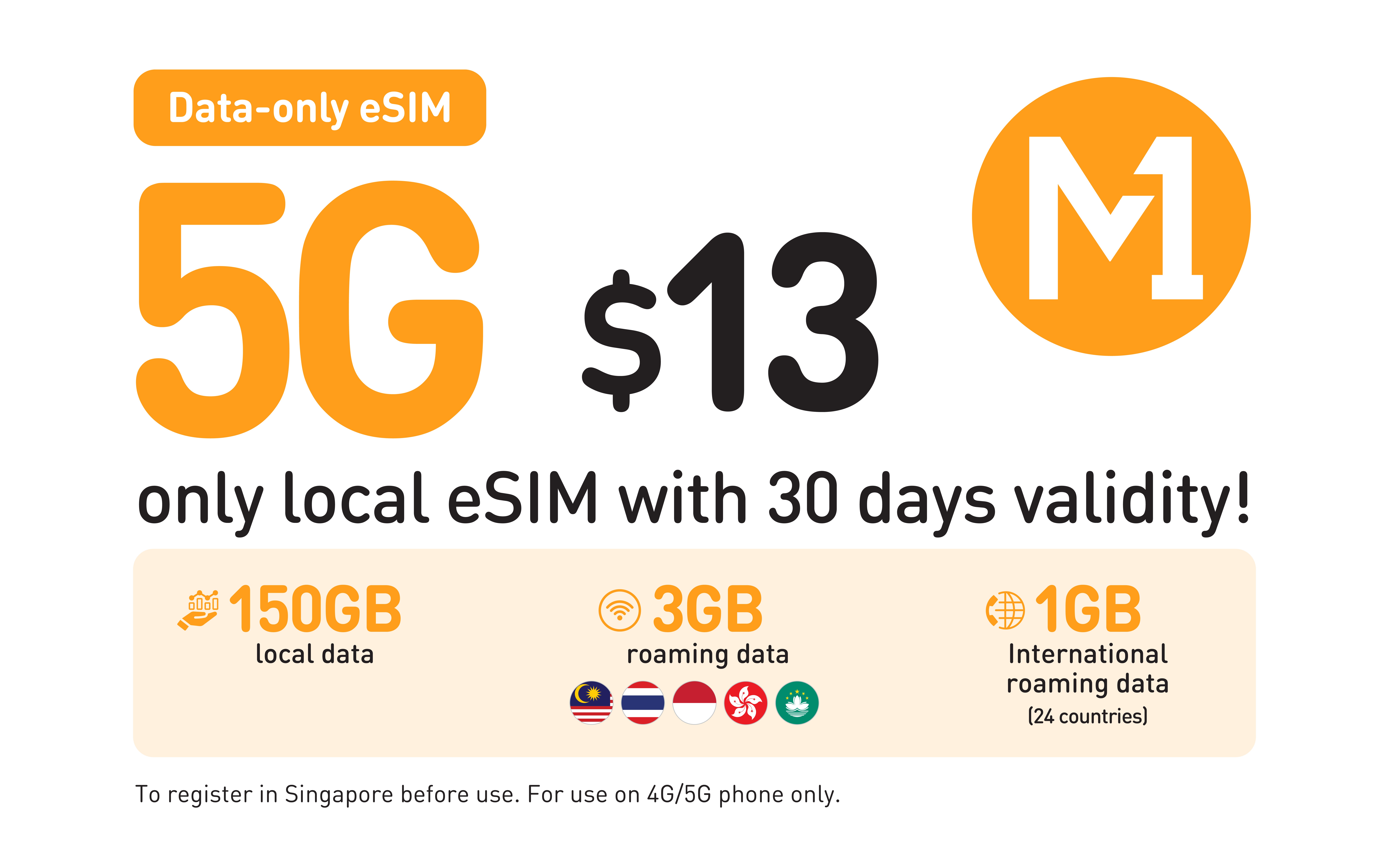 Singapore M1 5G Data-only eSIM (150GB/30 Days) - Photo 1 of 2