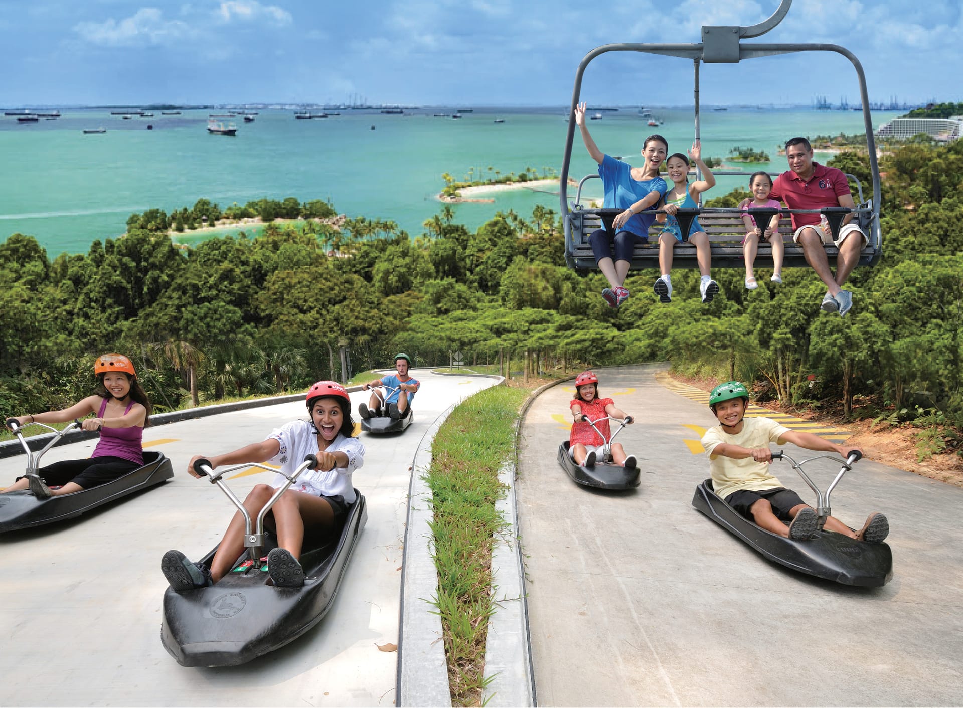 Feel the rush as you navigate winding tracks in 3-wheeled Luge carts surrounded by lush greenery and stunning views of Singapore's coastline promising an exciting day for all ages.