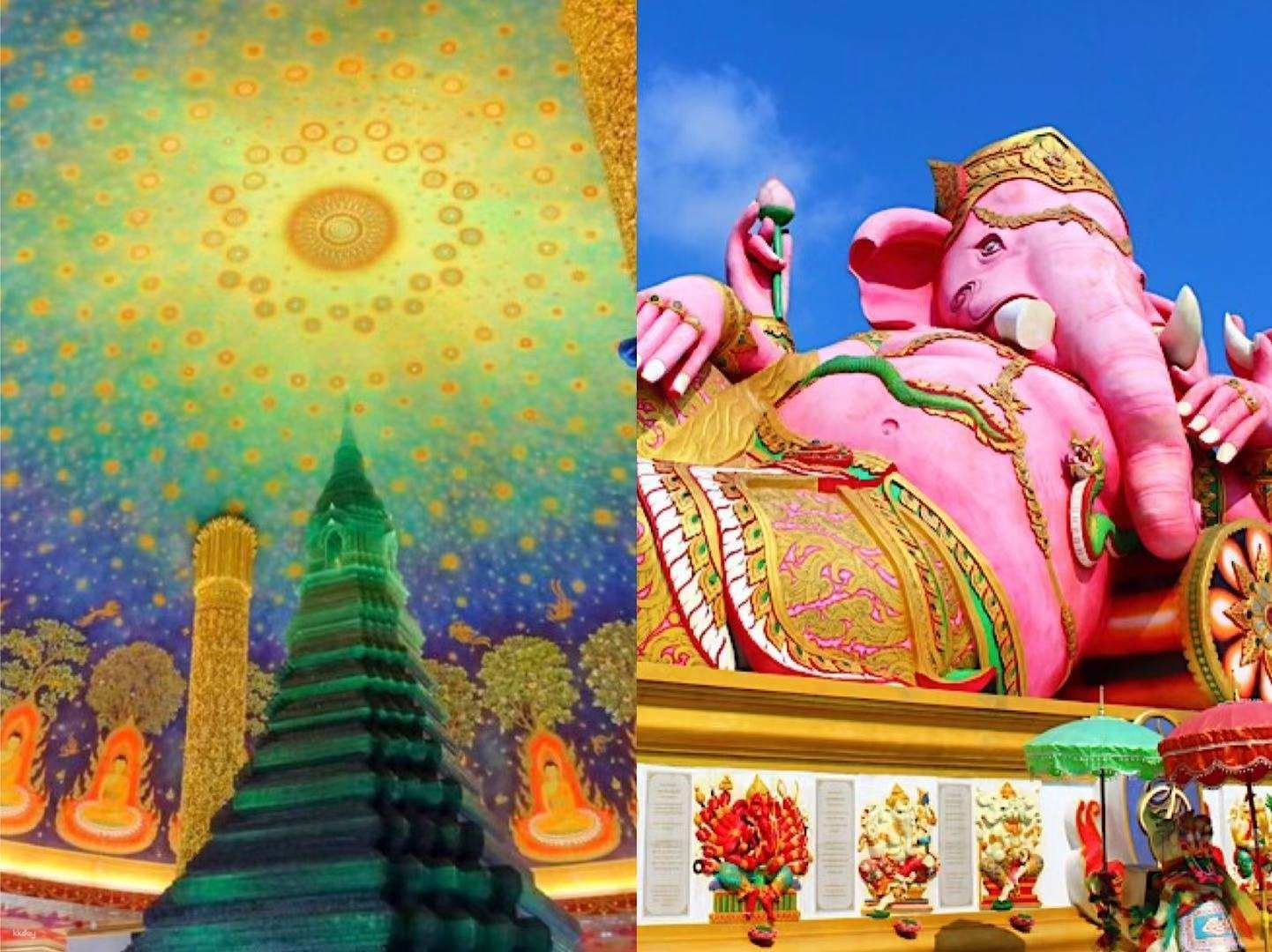 Explore Bangkok's stunning temples and iconic sights capturing unforgettable moments. Savor a delightful butterfly pea latte at the popular Blue Whale Maharat Cafe on your adventure.